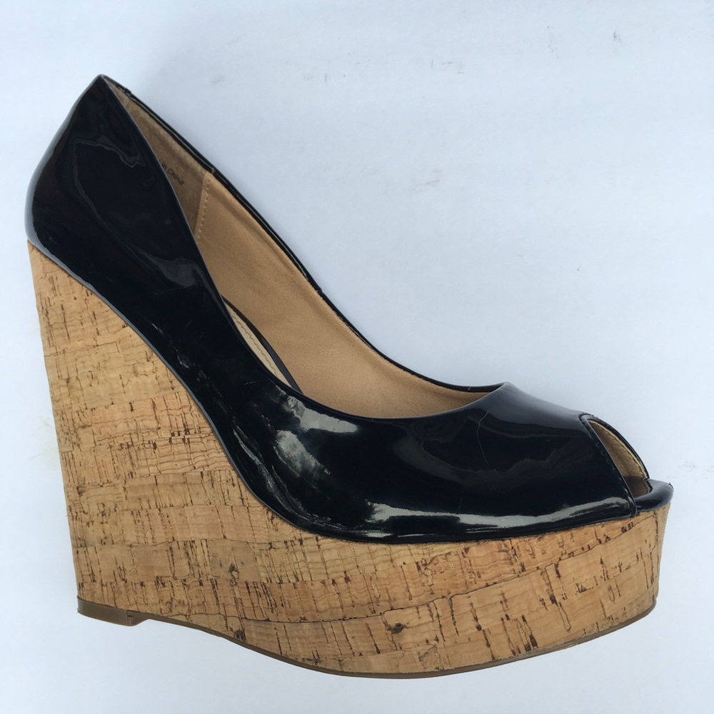 Le chateau blk patent leather cork platform wedges